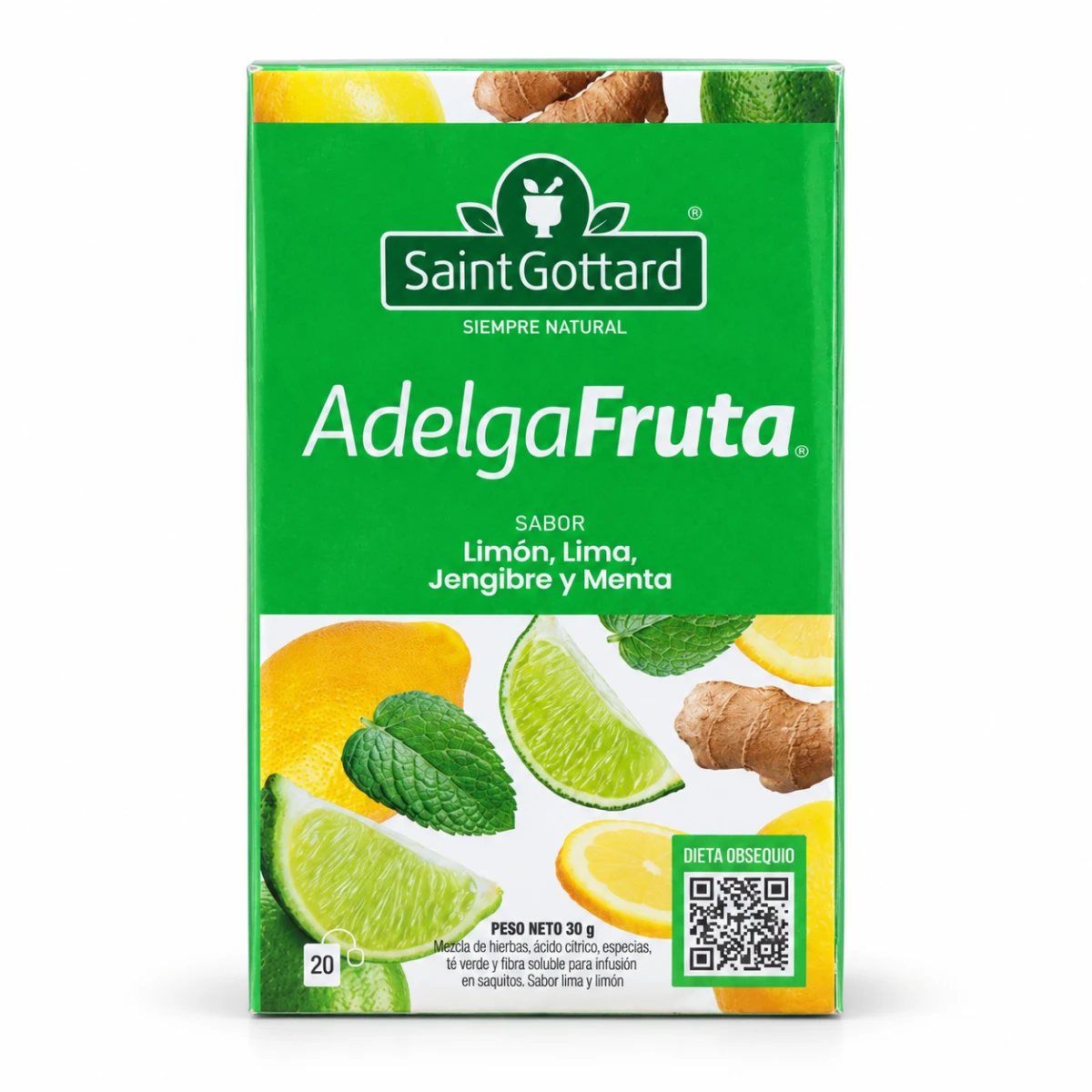 ADELGAFRUTA SABOR LIMON, LIMA, JENGIBRE Y MENTA 20 SAQUITOS X 2 G SAINT GOTTARD