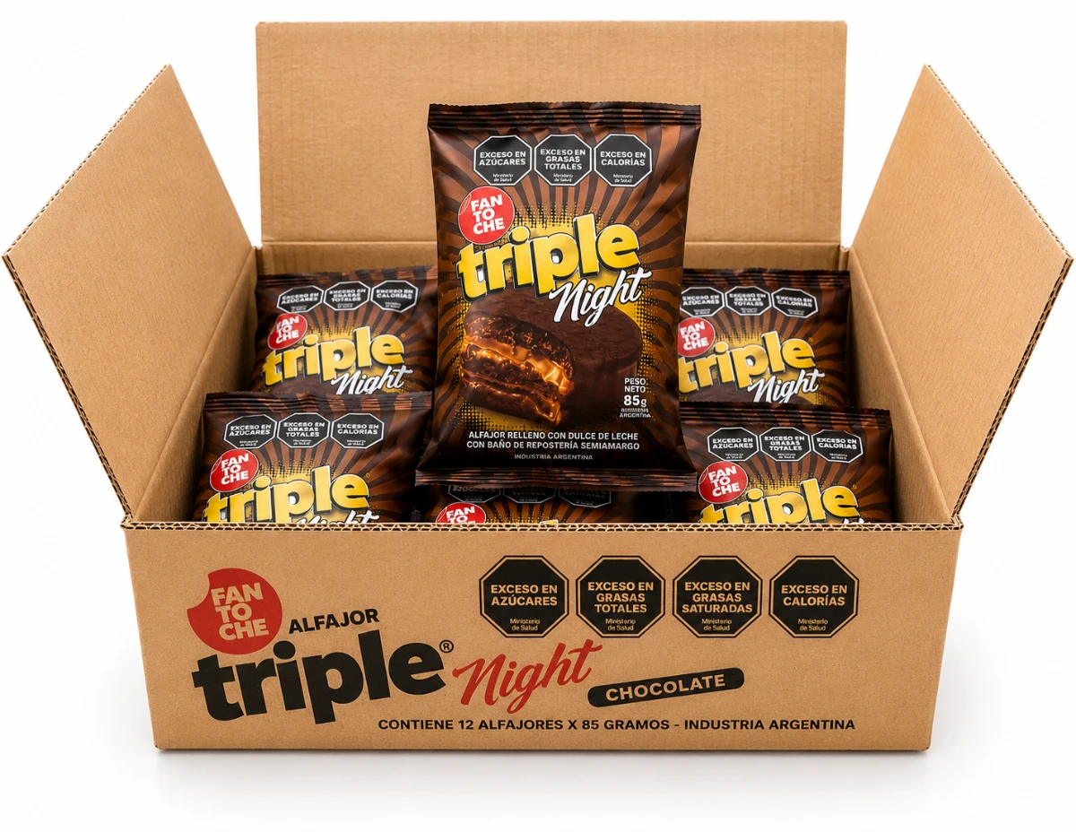 CAJA ALFAJOR TRIPLE NIGHT 12 X 85 GRS FANTOCHE